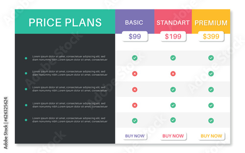 Pricing table for business website. comparison chart template. comparison table. vector illustration