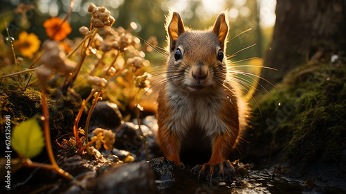 Squirrel in the forest during sunset. Autumn forest. Autumn. © Divid