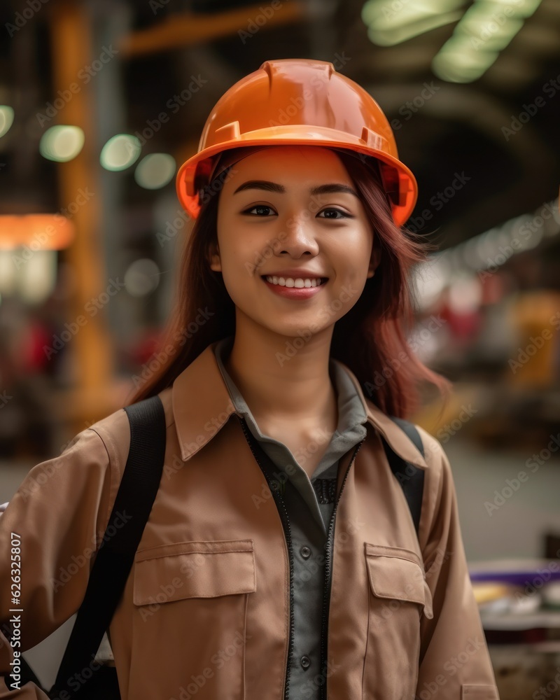Beatiful confidence asian woman builder worker in uniform and safety helmet smilling. Labour day. Beatiful confidence asian woman builder worker in uniform and safety helmet smilling. Labour day.