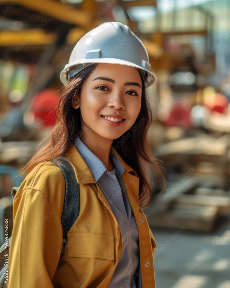Beatiful confidence asian woman builder worker in uniform and safety helmet smilling. Labour day. Beatiful confidence asian woman builder worker in uniform and safety helmet smilling. Labour day.