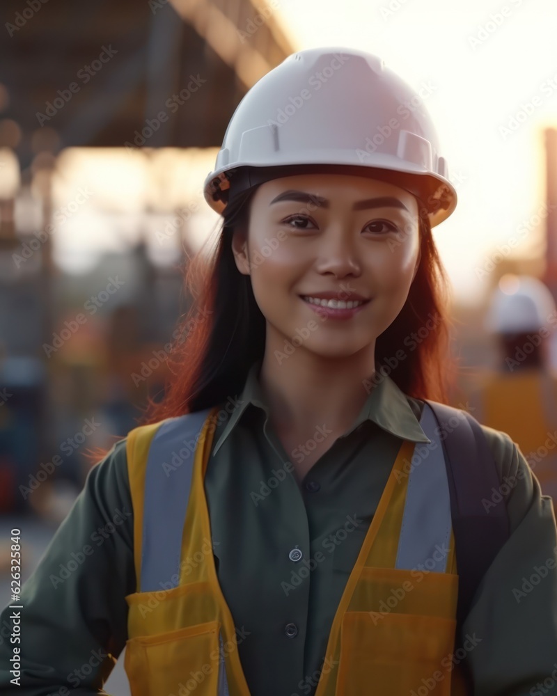 Beatiful confidence asian woman builder worker in uniform and safety helmet smilling. Labour day. Beatiful confidence asian woman builder worker in uniform and safety helmet smilling. Labour day.