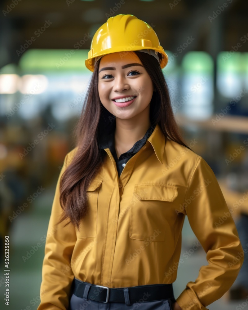 Beatiful confidence asian woman builder worker in uniform and safety helmet smilling. Labour day. Beatiful confidence asian woman builder worker in uniform and safety helmet smilling. Labour day.