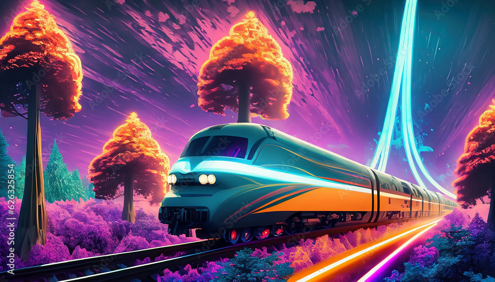 A high-speed train, shaped like a comet, blazing through a forest of neon trees 