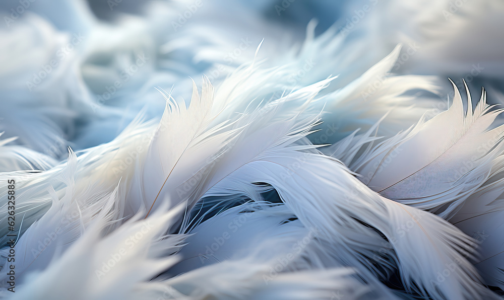 Obraz premium Fluffy white feathers on a blue background.