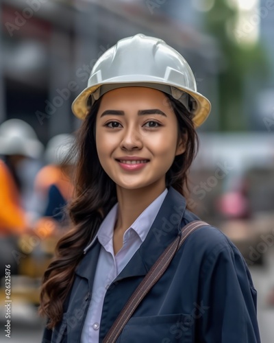 Beatiful confidence asian woman builder worker in uniform and safety helmet smilling. Labour day. 