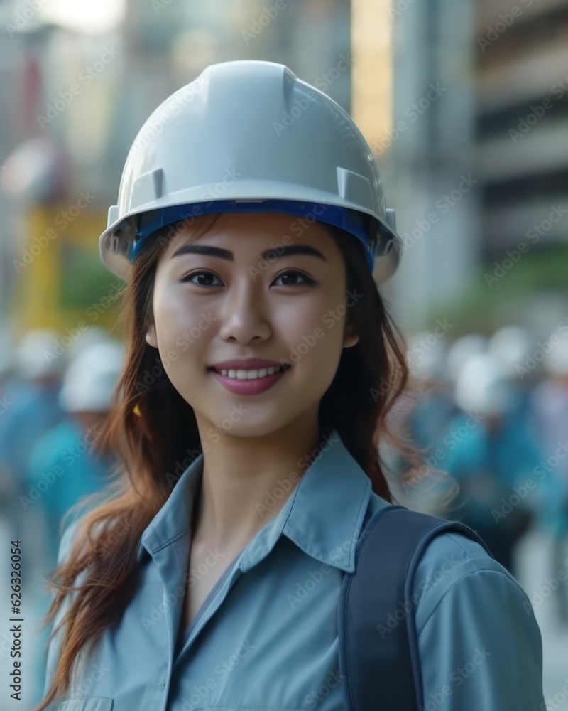 Beatiful confidence asian woman builder worker in uniform and safety helmet smilling. Labour day. Beatiful confidence asian woman builder worker in uniform and safety helmet smilling. Labour day.