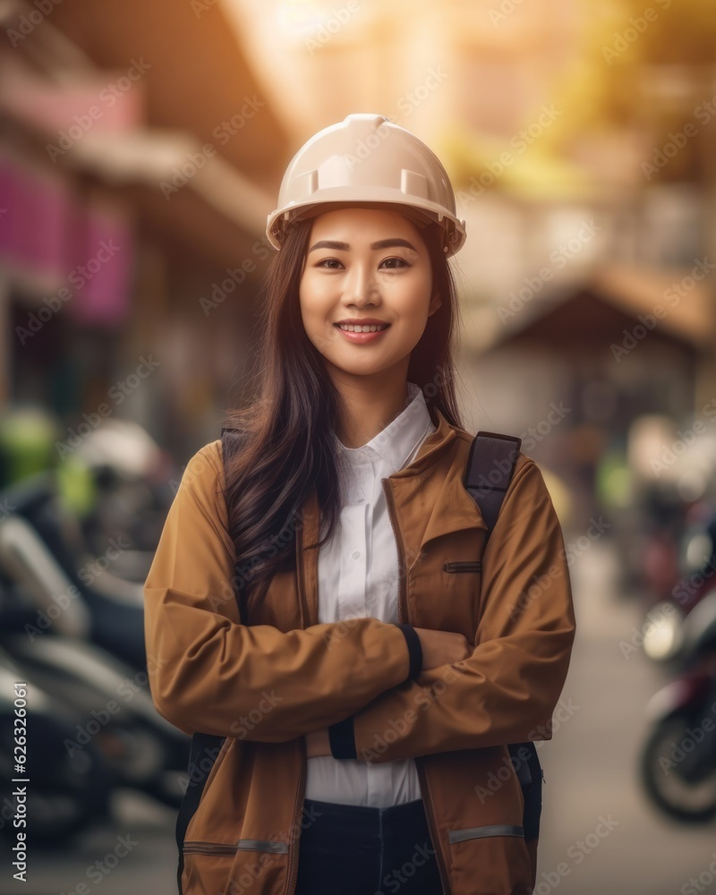 Beatiful confidence asian woman builder worker in uniform and safety helmet smilling. Labour day. Beatiful confidence asian woman builder worker in uniform and safety helmet smilling. Labour day.