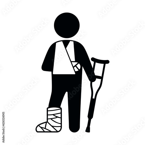 Person with a broken leg and arm icon vector. Man with a broken arm and leg in a cast with a crutch icon isolated on a white background. Health care symbol graphic design element