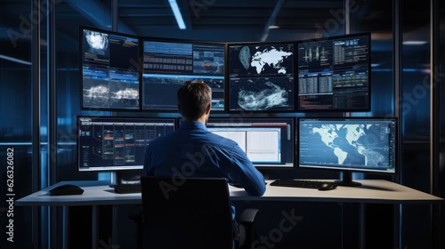 Network operations center ( NOC) with technicians monitoring network traffic, troubleshooting issues, and ensuring network performance