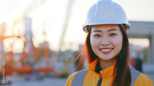 Beatiful confidence asian woman builder worker in uniform and safety helmet smilling. Labour day.  © Viktor