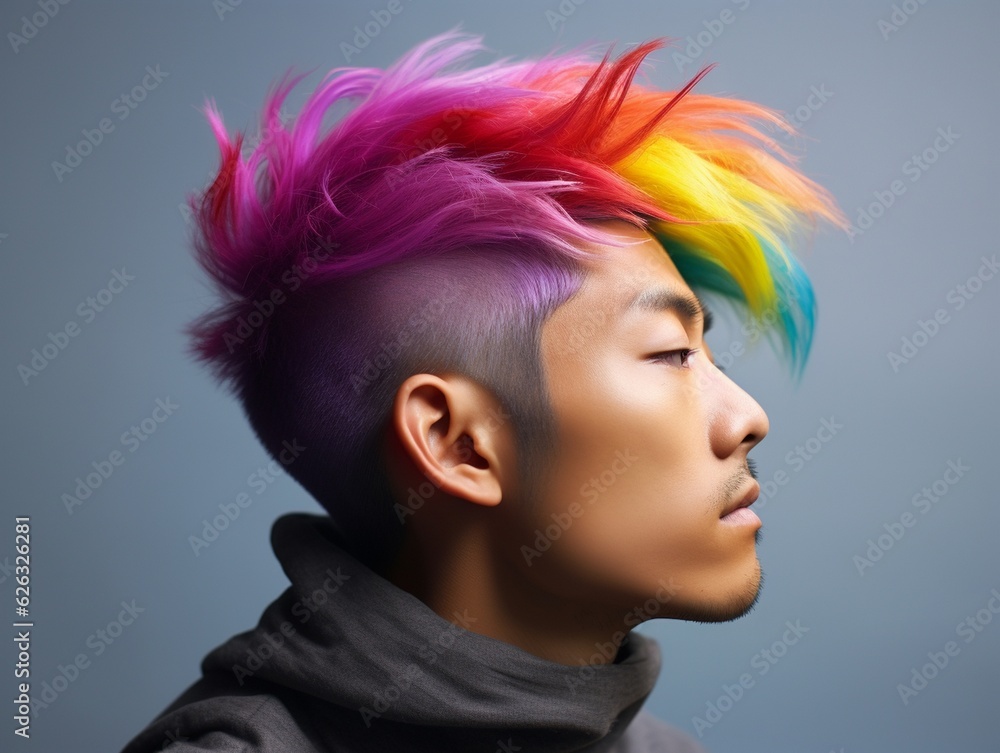 young asian man with rainbow hairstyle. People lifestyle fashion lgbtq concept. AI generative