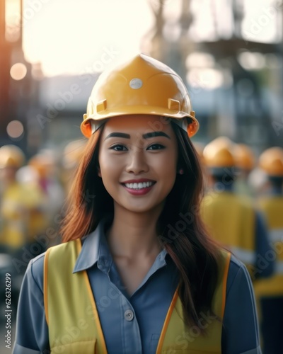 Beatiful confidence asian woman builder worker in uniform and safety helmet smilling. Labour day. 