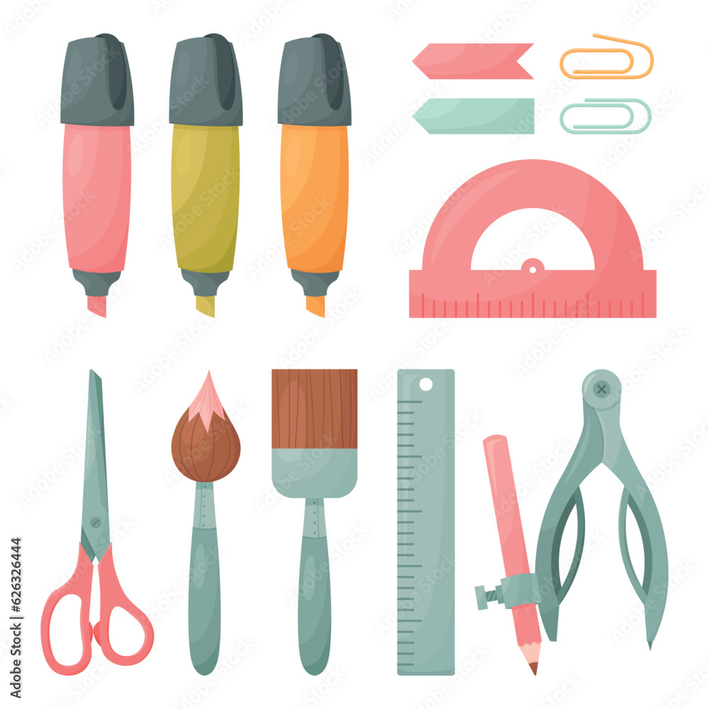 School Supplies Collection of Isolated Elements: markers, paper notes, paper clips, scissors, brushes, ruler, protractor, bow compass with pencil. Stationery Set of Icons. Cute Cartoon Style.