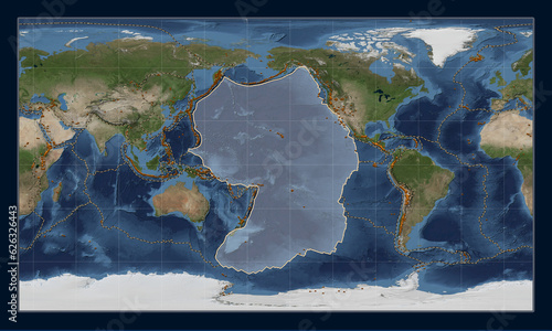 Fototapeta Naklejka Na Ścianę i Meble -  Pacific tectonic plate. Satellite. Patterson Cylindrical. Volcanoes and boundaries