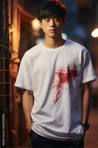 A young man wearing a levis t shirt standing, in the style of miwa komatsu, vivid portraiture, social media portraiture, hallyu, light white and red, keos masons. photo