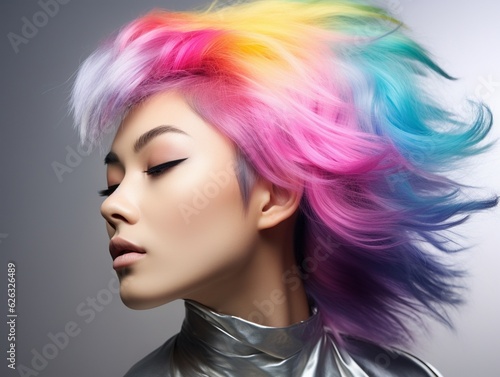 beautiful woman wearing colorful hair. People lifestyle fashion lgbtq concept. AI generative