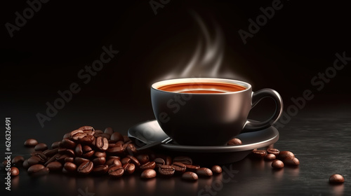 Black coffee in white cup with smoke and coffee beans. Generative Ai