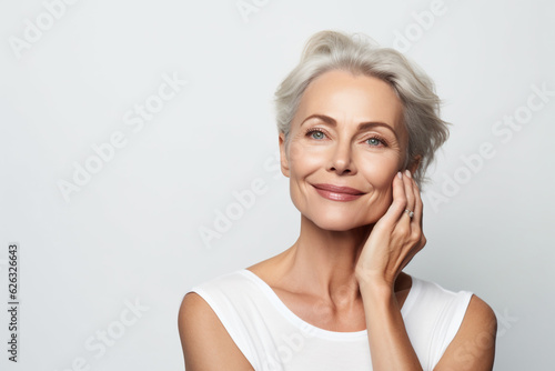 Gorgeous mid aged woman touching her cheek  natural light  skincare advertisement  on a white background  cosmetology concept