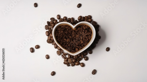 Heart made from coffee beans and ground coffee on a white surface. Generative Ai
