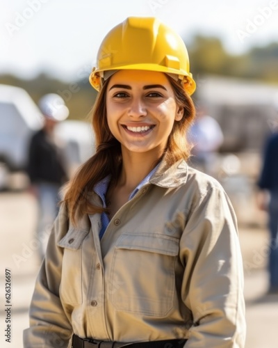 Beatiful confidence woman builder worker in uniform and safety helmet smilling. Labour day. 