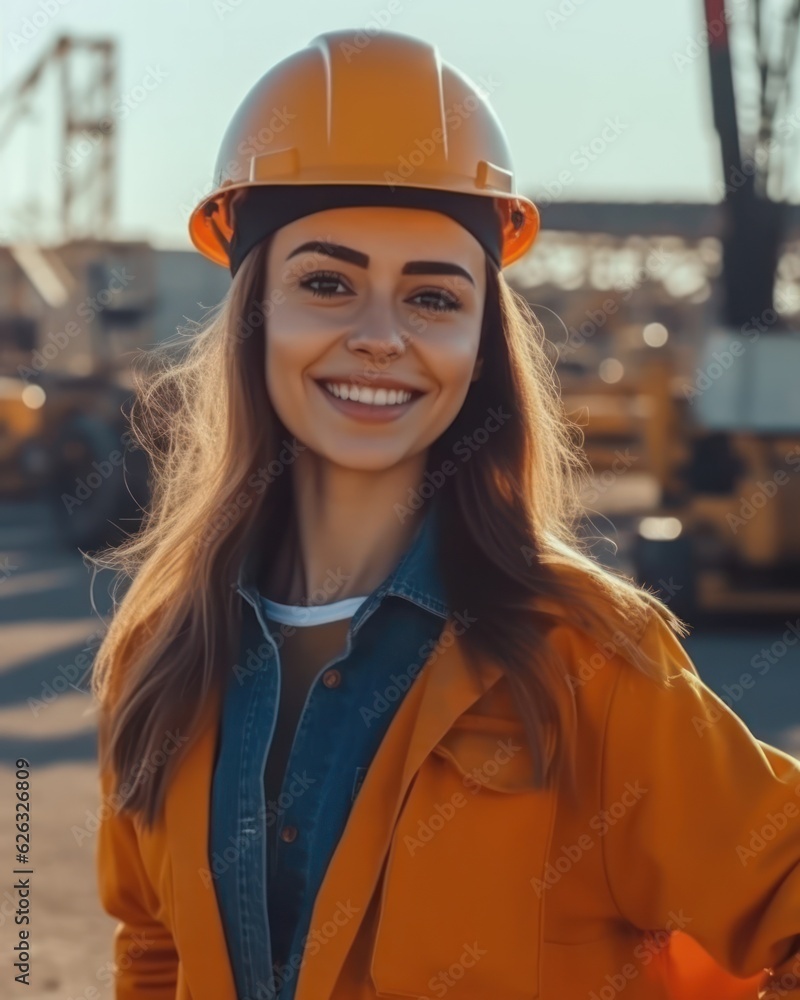 Beatiful confidence woman builder worker in uniform and safety helmet smilling. Labour day. Beatiful confidence woman builder worker in uniform and safety helmet smilling. Labour day.