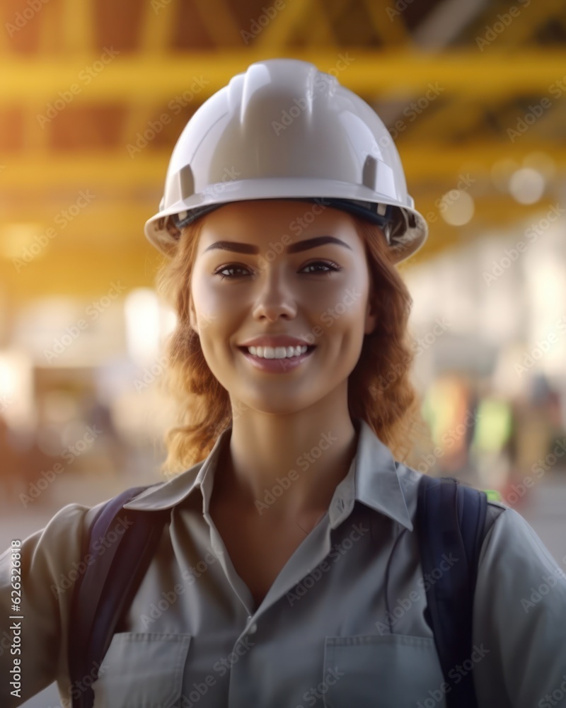 Beatiful confidence woman builder worker in uniform and safety helmet smilling. Labour day. Beatiful confidence woman builder worker in uniform and safety helmet smilling. Labour day.