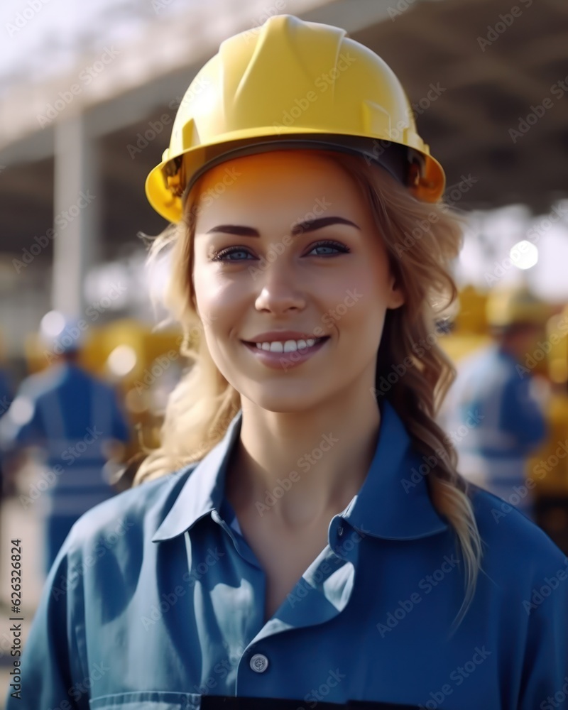 Beatiful confidence woman builder worker in uniform and safety helmet smilling. Labour day. Beatiful confidence woman builder worker in uniform and safety helmet smilling. Labour day.