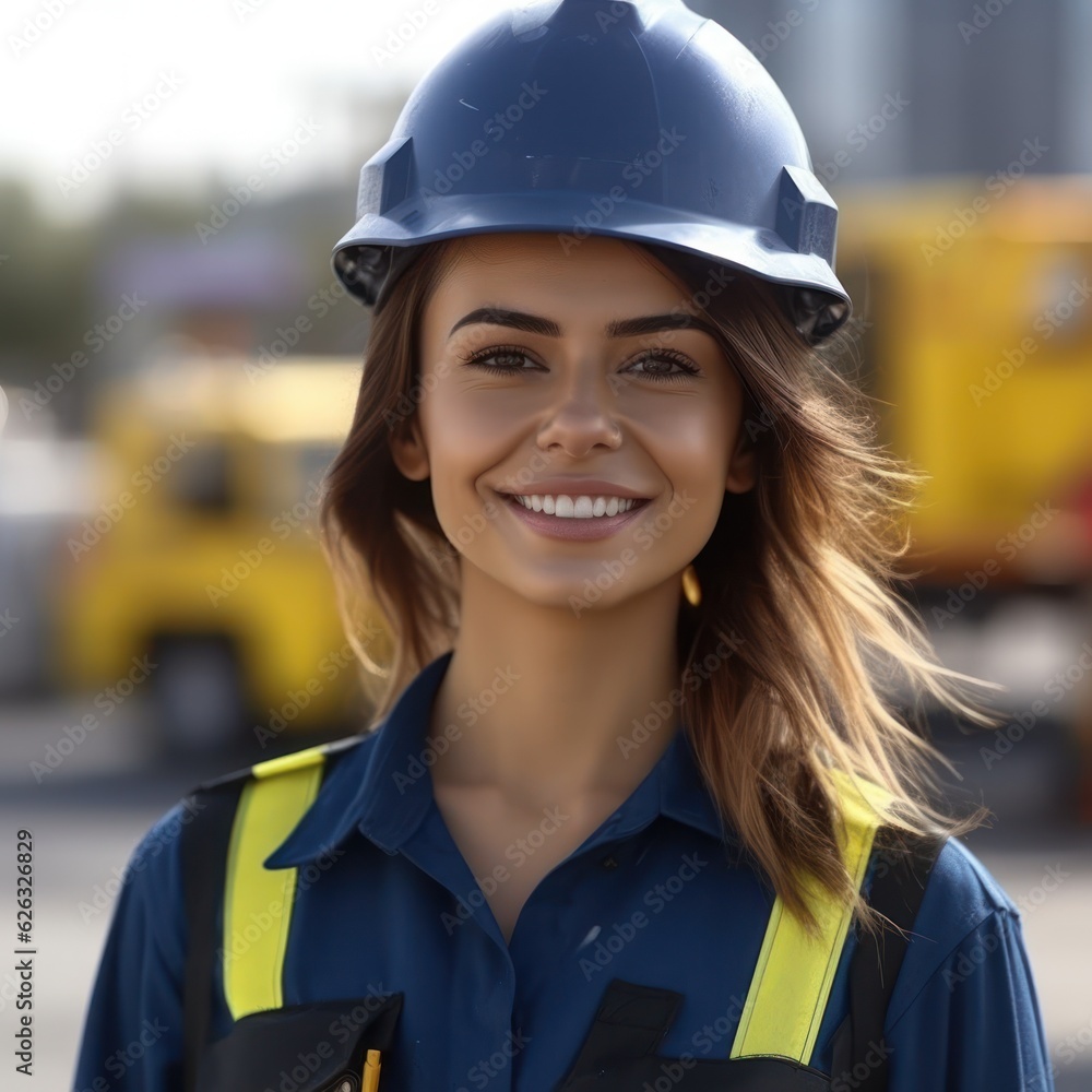 Beatiful confidence woman builder worker in uniform and safety helmet smilling. Labour day. Beatiful confidence woman builder worker in uniform and safety helmet smilling. Labour day.