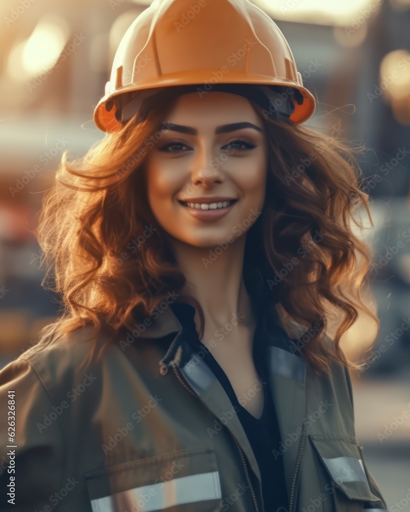 Beatiful confidence woman builder worker in uniform and safety helmet smilling. Labour day. Beatiful confidence woman builder worker in uniform and safety helmet smilling. Labour day.