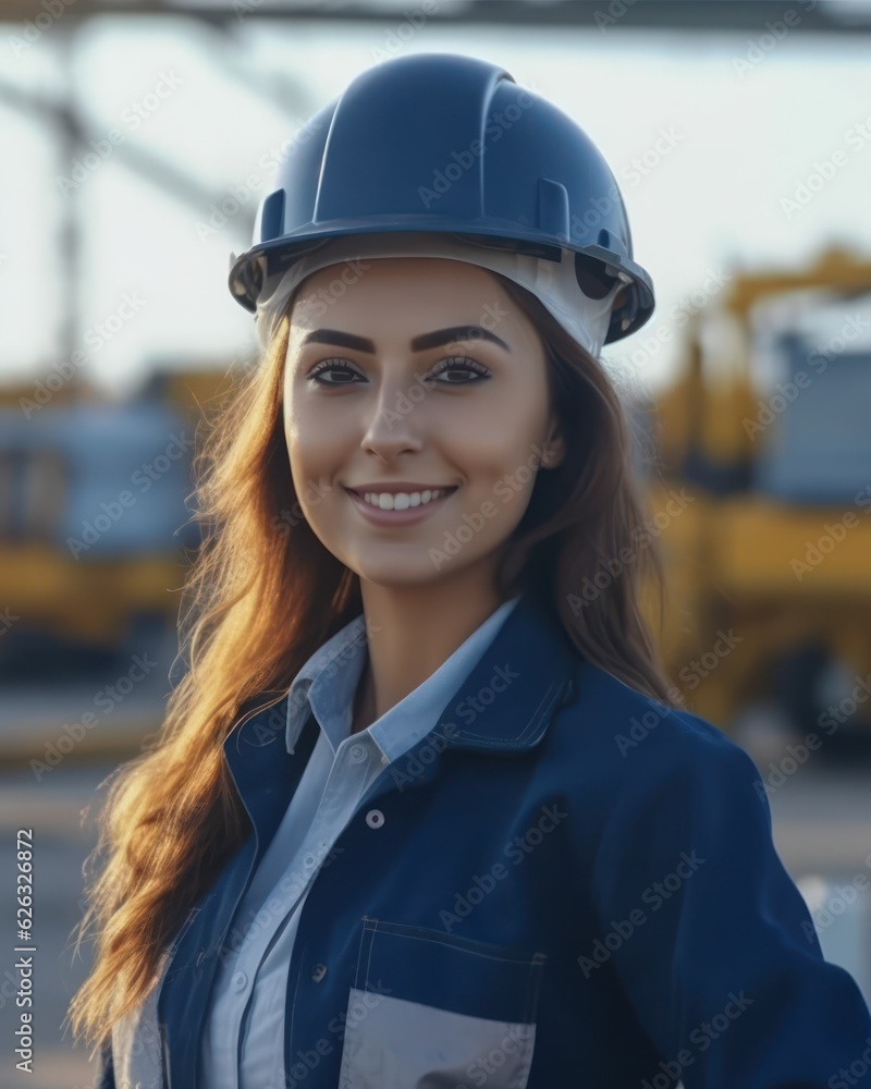 Beatiful confidence woman builder worker in uniform and safety helmet smilling. Labour day. Beatiful confidence woman builder worker in uniform and safety helmet smilling. Labour day.