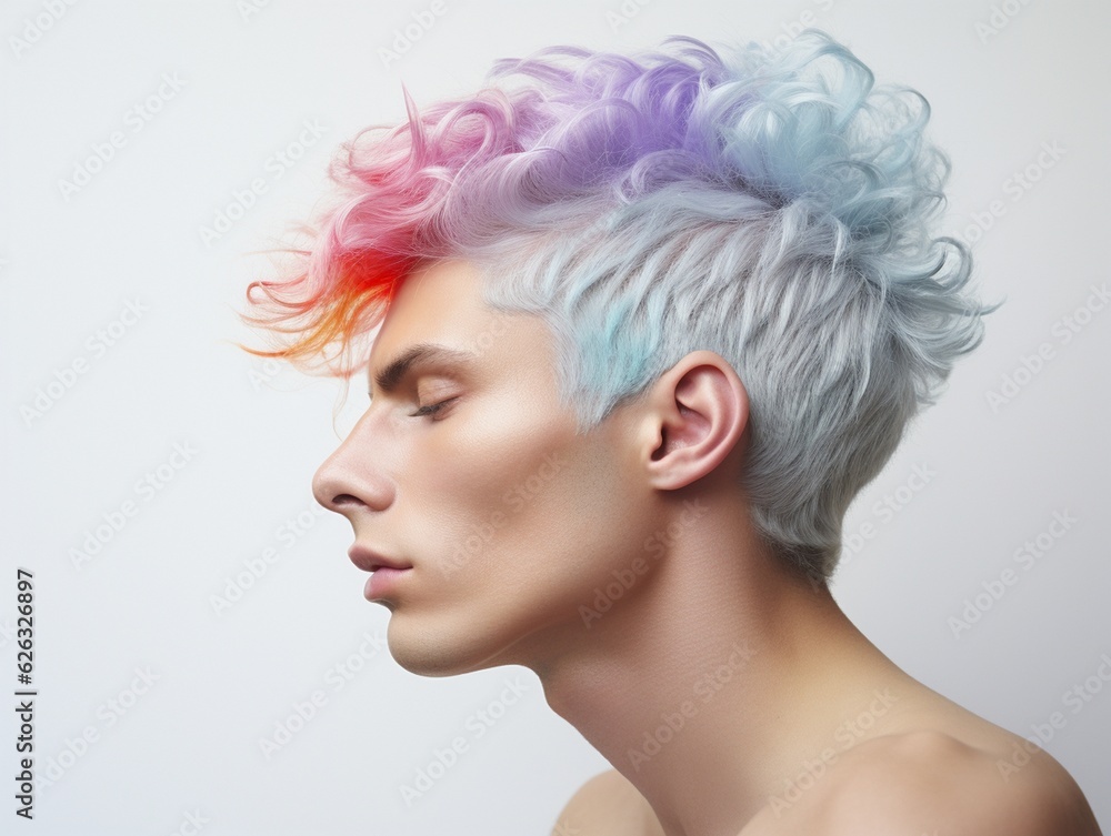 young caucasian man with rainbow hairstyle. People lifestyle fashion lgbtq concept. AI generative