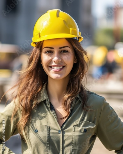 Beatiful confidence woman builder worker in uniform and safety helmet smilling. Labour day. 