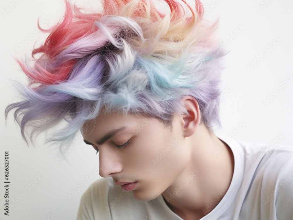 young caucasian man with rainbow hairstyle. People lifestyle fashion lgbtq concept. AI generative