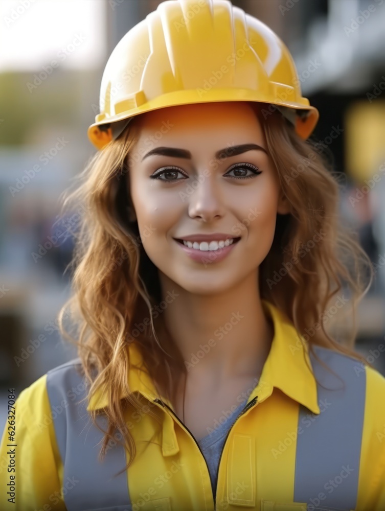 Beatiful confidence woman builder worker in uniform and safety helmet smilling. Labour day. Beatiful confidence woman builder worker in uniform and safety helmet smilling. Labour day.