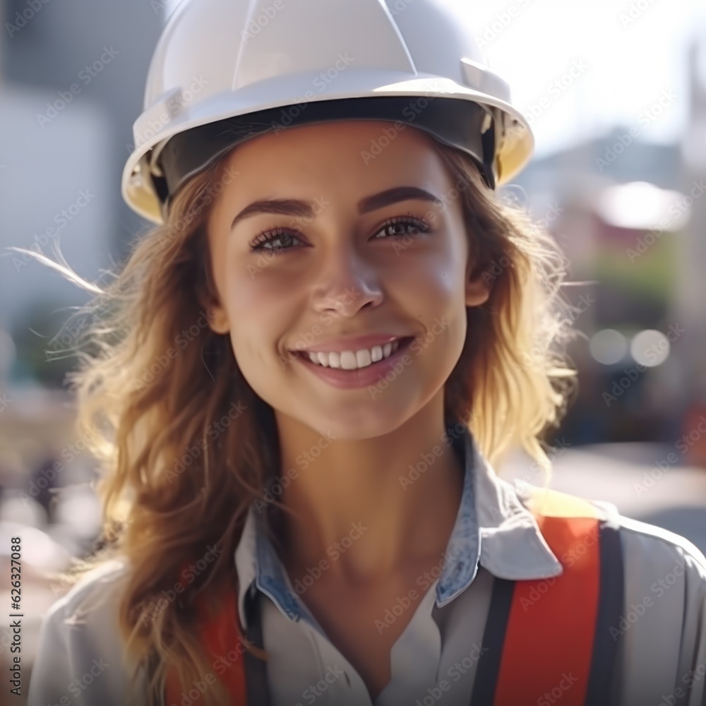 Beatiful confidence woman builder worker in uniform and safety helmet smilling. Labour day. Beatiful confidence woman builder worker in uniform and safety helmet smilling. Labour day.