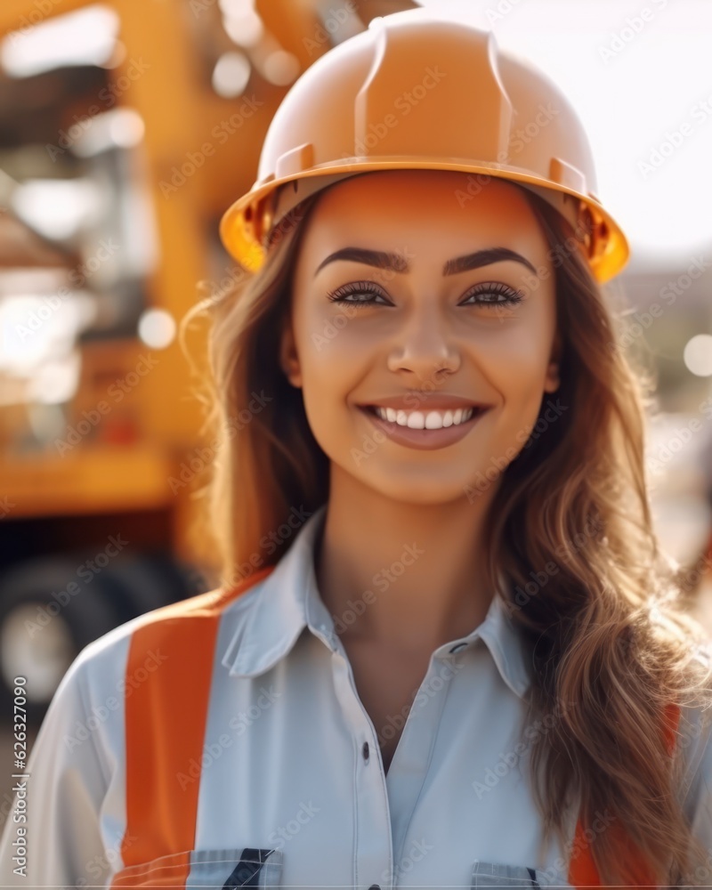 Beatiful confidence woman builder worker in uniform and safety helmet smilling. Labour day. Beatiful confidence woman builder worker in uniform and safety helmet smilling. Labour day.