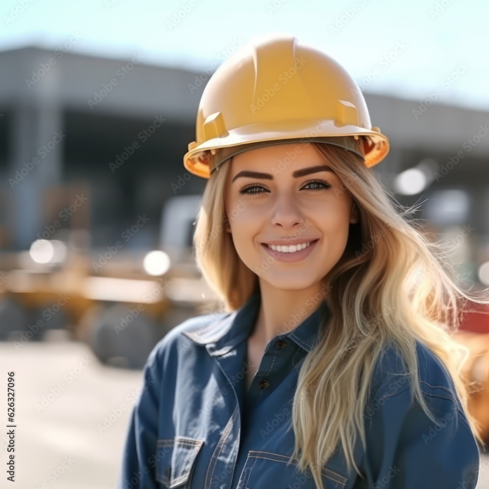 Beatiful confidence woman builder worker in uniform and safety helmet smilling. Labour day. Beatiful confidence woman builder worker in uniform and safety helmet smilling. Labour day.