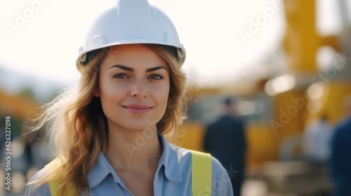 Beatiful confidence woman builder worker in uniform and safety helmet smilling. Labour day. 