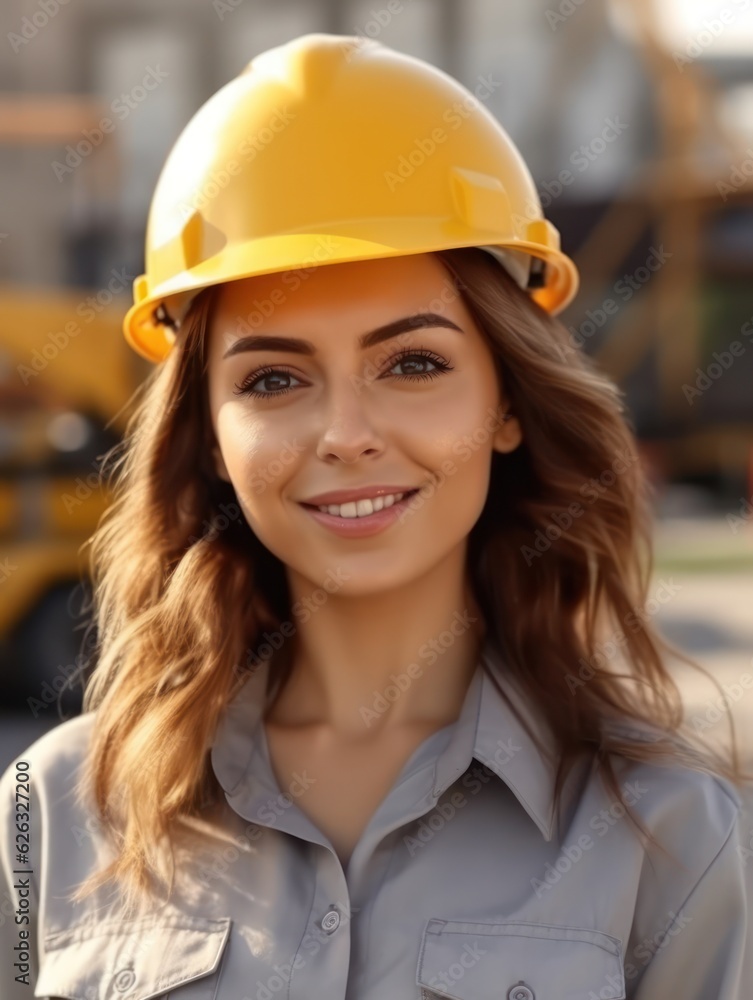 Beatiful confidence woman builder worker in uniform and safety helmet smilling. Labour day. Beatiful confidence woman builder worker in uniform and safety helmet smilling. Labour day.