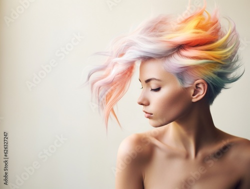 beautiful woman wearing colorful hair. People lifestyle fashion lgbtq concept. AI generative