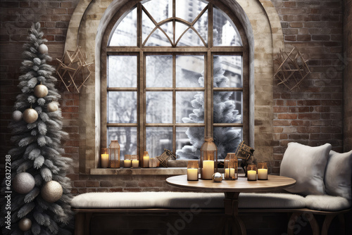 Christmas cafe interior with tree. Generative AI