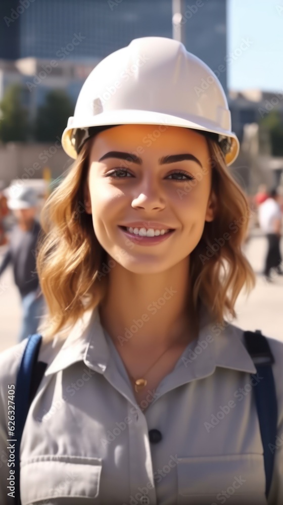 Beatiful confidence woman builder worker in uniform and safety helmet smilling. Labour day. Beatiful confidence woman builder worker in uniform and safety helmet smilling. Labour day.
