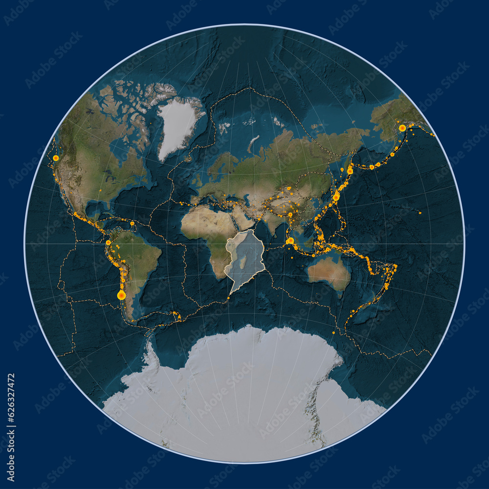 Somalian tectonic plate. Satellite. Lagrange. Earthquakes and boundaries