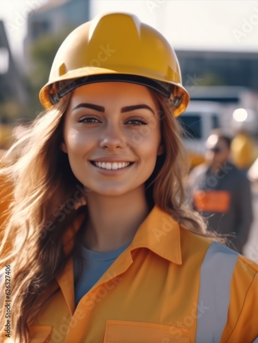 Beatiful confidence woman builder worker in uniform and safety helmet smilling. Labour day.