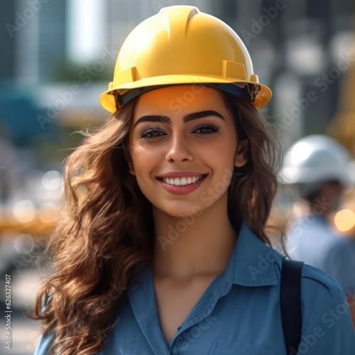 Beatiful confidence woman builder worker in uniform and safety helmet smilling. Labour day.