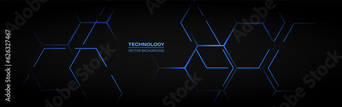 Abstract black and blue hexagon vector technology background. Wide horizontal banner with blue honeycomb and hexagonal lines. Vector illustration