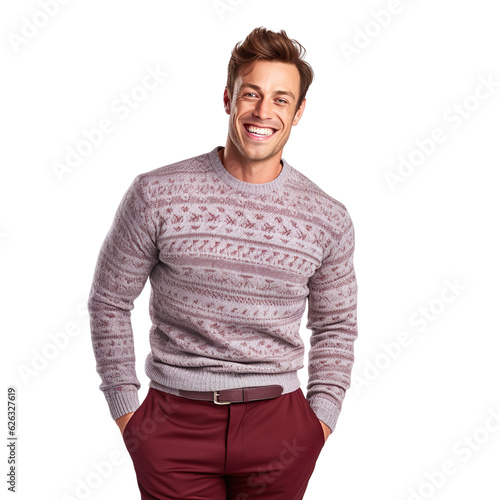 man dressed in maroon trousers, maroon & grey  swearer with pattern isolated on a transparent white background  photo