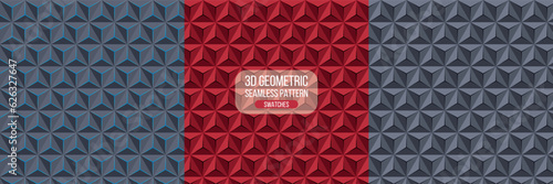 3D Pyramid Seamless Pattern, Set of black, white and red pyramid 3D pattern background. Abstract geometric texture design. Vector illustration