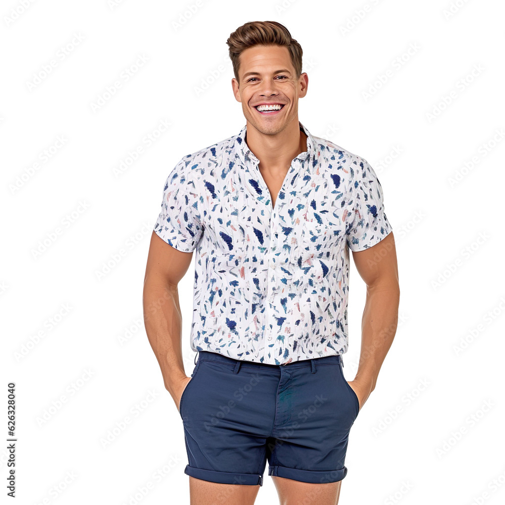 man dressed in navy blue shorts, white V-neck shirt with a printed pattern isolated on a transparent white background man dressed in navy blue shorts, white V-neck shirt with a printed pattern isolated on a transparent white background