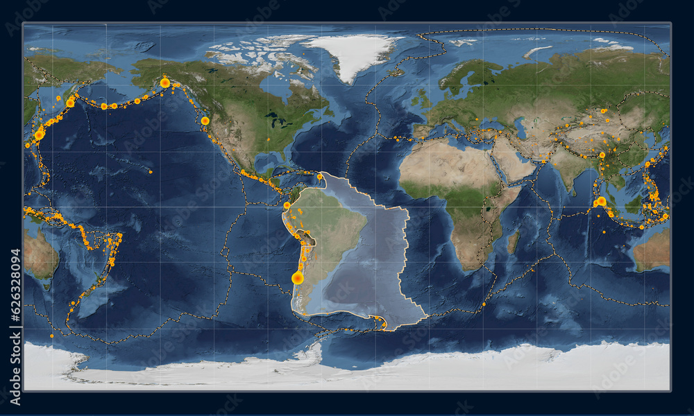 South American tectonic plate. Satellite. Patterson Cylindrical. Earthquakes and boundaries